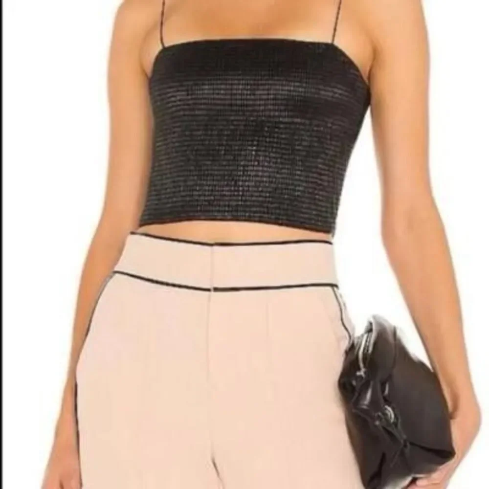 Alice + Olivia black faux leather cinch spaghetti strap Penelope crop top size S